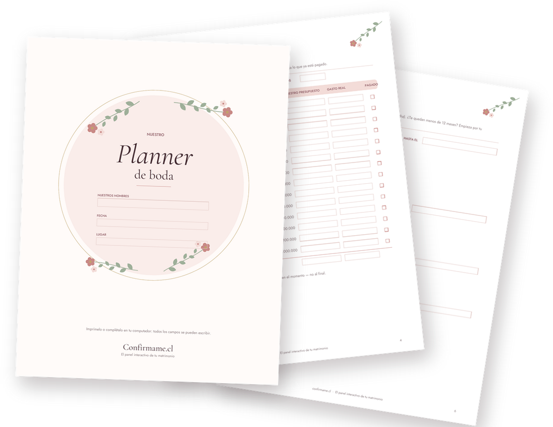 Páginas del planner de boda: portada, presupuesto y cronograma
